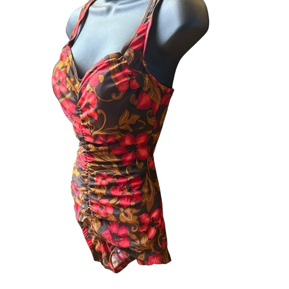 Vintage Maxine Swimsuit Size 12‎ One Piece Hawaiian Floral Brown Red Ruched